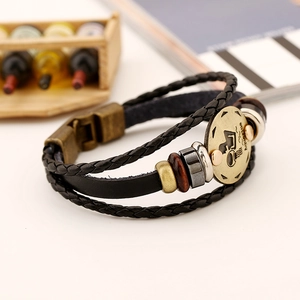 Aquarius zodiac woven multilayer leather bracelet with vintage bronze charm for men