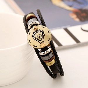 Multilayer leather bracelet featuring a bronze Leo zodiac lion sign and wooden beads