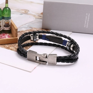 Men's multilayer black leather bracelet with vintage silver feather charm and weave details
