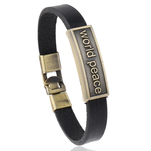 Vintage Cowhide Leather Bracelet Alloy World Peace Letter Plate Bangle Unisex Punk Fashion Handcrafted Wristband Jewelry Gift