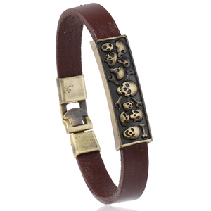Vintage Punk Genuine Leather Alloy Skull Bracelet For Men Women Gothic Rock Style Retro Cowhide Adjustable Hand Jewelry Bangle Accessory