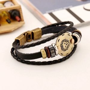 Multilayer Leo zodiac leather bracelet with braided cords and vintage lion charm