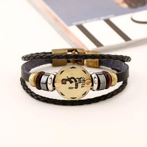 Multilayer leather Virgo zodiac bracelet with braided cords and bronze charm for men