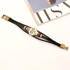 Handmade Aries constellation multilayer braided black leather bracelet with bronze clasp