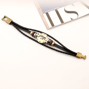 Multilayer leather Virgo zodiac bracelet with braided rope and vintage bronze metal buckle