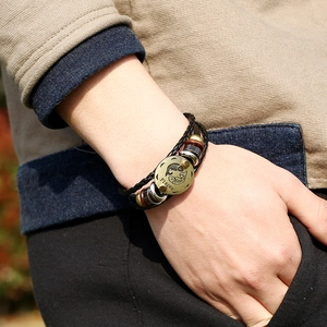 Pisces zodiac multilayer braided leather bracelet with vintage metal charm for men and women
