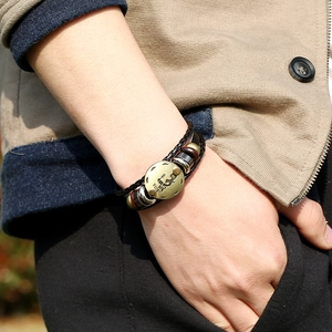 Retro multi-layer braided leather Virgo zodiac sign bracelet with vintage brass charm