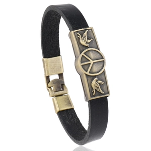 Retro Cowhide Leather Peace Sign Bracelet For Men Women Vintage Punk Alloy Dove Embossed Charm Casual Bangle Jewelry Gift