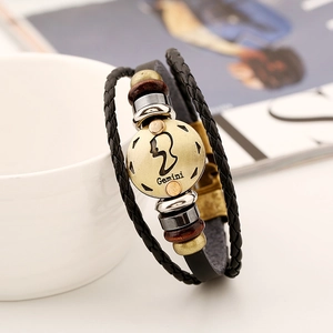 Handmade Gemini zodiac multilayer braided leather bracelet with vintage metal charms