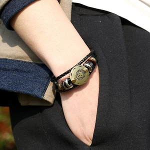 Multilayer braided leather bracelet with vintage Leo zodiac lion head metal charm