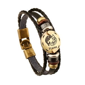 Pisces Zodiac Multilayer Woven Leather Bracelet Vintage Bronze Metal Plate Cowhide Wrap Bracelet For Men Women Jewelry Gift