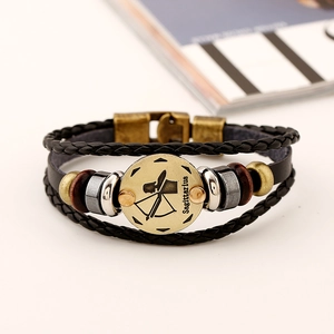 Handcrafted layered leather Sagittarius zodiac bracelet with retro charms and wooden beads
