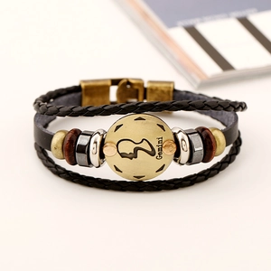 Gemini zodiac multilayer braided leather bracelet with vintage bronze signet charm