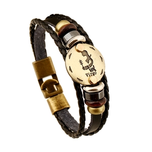 Vintage Virgo Constellation Multilayer Braided Cowhide Leather Bracelet For Men Retro Alloy Wood Beads Zodiac Charm Bracelet Jewelry