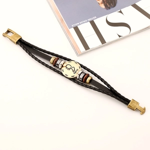 Gemini zodiac multilayer braided leather bracelet with vintage bronze charms and wooden beads