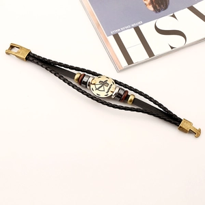 Handmade multilayer leather Sagittarius zodiac bracelet with vintage gold charm and beads