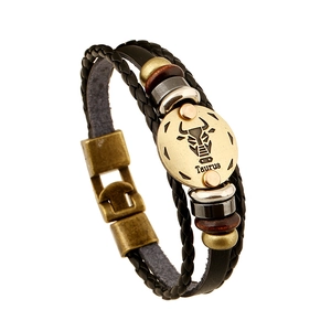 Bracelet en Cuir Tressé Vintage Punk Taureau Constellation pour Hommes Femmes Bracelet en Cuir Multicouche Perlé Cadeau d'Anniversaire Zodiaque