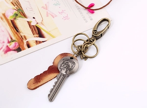 Detail view of retro leather keychain with mohican logo and bronze metal ring