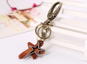 Detail of vintage bronze star keychain with leather base and carabiner hook on white wood