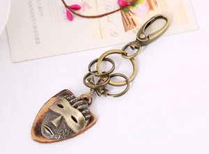 Detail of vintage bronze mask keychain with leather backing and multi-ring structure