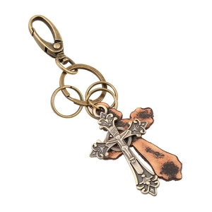 Porte-clés Croix Punk Vintage Cuir De Vachette Véritable Pendentif Crucifix Alliage Bronze Pour Hommes Femmes