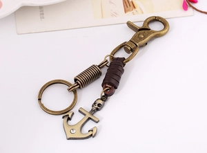 Detail of vintage bronze anchor keychain with leather wrap and skull pendant