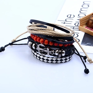 Set braccialetti multistrato in pelle fatti a mano con ancora e motivo a scacchi
