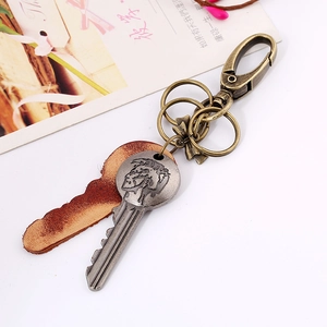 Retro punk leather keychain with bronze metal rings and Indian head logo pendant