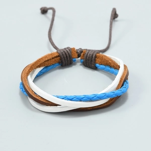 Vintage mehrlagiges geflochtenes Lederarmband mit Kordelzug in Blau und Braun