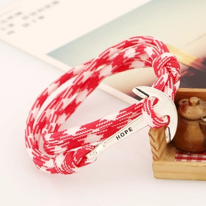 Woven nautical anchor bracelet with silver HOPE buckle in red and white stripes