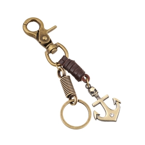 Retro Punk Genuine Leather Skull Anchor Keychain With Rhinestone Alloy Lobster Clasp Vintage Bag Pendant For Men Women