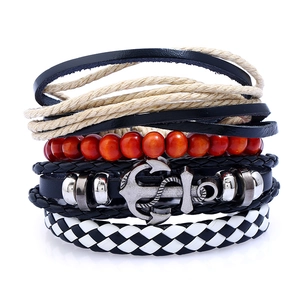 Bracciale Multistrato in Pelle Intrecciata a Mano Con Ciondolo Ancora in Lega Perle Corda di Canapa Gioielli Stile Punk Retrò Unisex