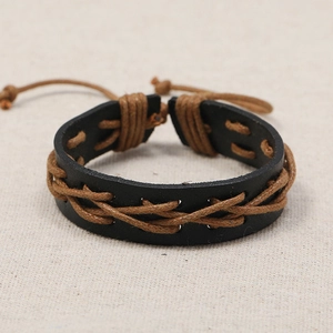 Bracelet en cuir noir fait main avec cordon tressé marron et nœud réglable pour homme et femme
