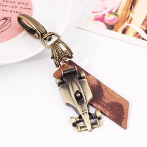 Retro bronze racing car keychain with genuine leather tag and sturdy lobster clasp