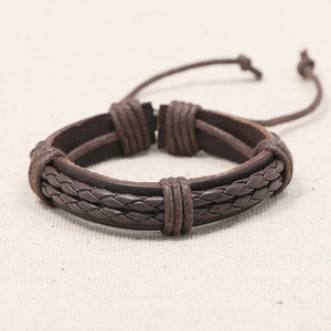 Handmade brown braided leather bracelet with multi-layer vintage style and adjustable cord