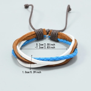 Mehrlagiges geflochtenes Lederarmband mit blauem Seil und verstellbarem Knoten im Retro-Stil