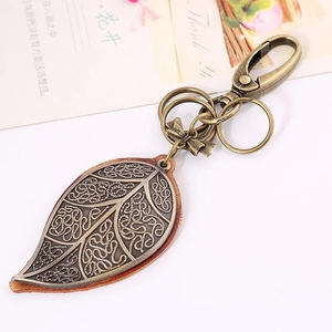 Vintage bronze leaf leather keychain with engraved veins and heavy duty swivel clasp