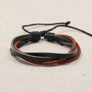 Vintage braided leather multi-layer bracelet with adjustable black sliding knot cord