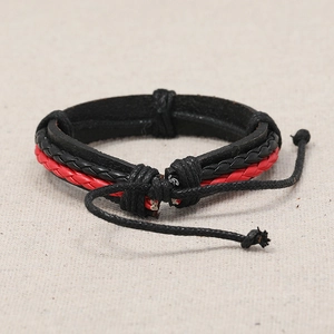 Retro multi-layer woven leather bracelet in black and red with adjustable cord