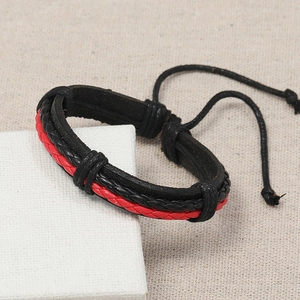 Retro multi-layer woven leather bracelet with adjustable black and red braided cords