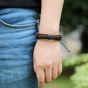 Handmade dark brown multi-layer braided leather bracelet with adjustable drawstrings