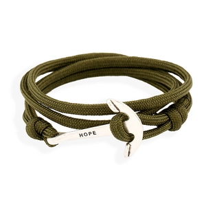 Olive green braided nautical rope bracelet with silver anchor clasp featuring HOPE engraving