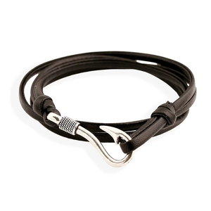 Nautisches mehrlagiges schwarzes Lederarmband mit silbernem Fischhaken-Verschluss für Damen