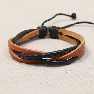 Bracelet multicouche fait main en cuir tressé marron et noir pour hommes avec cordon