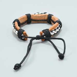 Handmade vintage woven leather bracelet in brown and black with adjustable cord