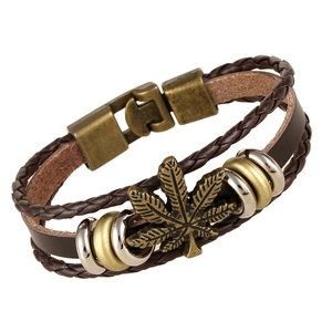 Bracciale in Pelle di Vacchetta Intrecciata Multistrato Retro Punk Foglia d'Acero per Uomo Donna Gioielli in Lega di Bronzo