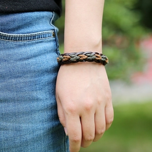 Handwoven genuine leather bracelet with dark brown, green, and khaki cord strands for women