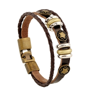 Vintage multi-layer braided leather bracelet with star studs and magnetic bronze clasp