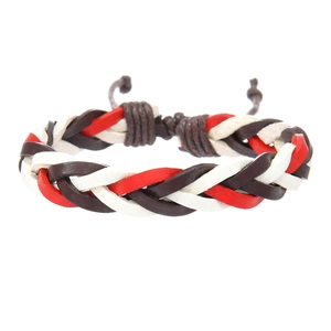Handmade woven cowhide leather bracelet with red, white, and brown adjustable cords