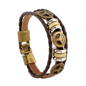 Retro multi-layer leather bracelet with bronze peace signs and silver metal accents